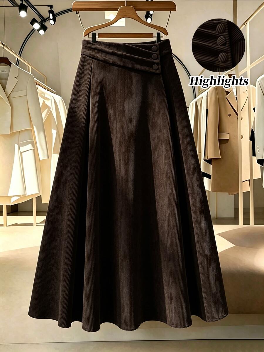 GlowEve CURVE Plus Size Women's Autumn/Winter Fashion Casual Daily All-Match Versatile Waist Knot Button Brown Ribbed Skirt - Brown - View 1