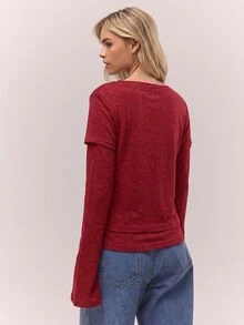 MUSERA Double Layered "" Graphic Longsleeve Top  Coolgirl Cosy Cute Outdoors Explorer Spring Summer Holiday Casual - Red - View 3