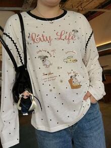 Dazy Plus Letter Print Cartoon Pattern Loose Fit Korean Style Long Sleeve White T-Shirt - White - View 1
