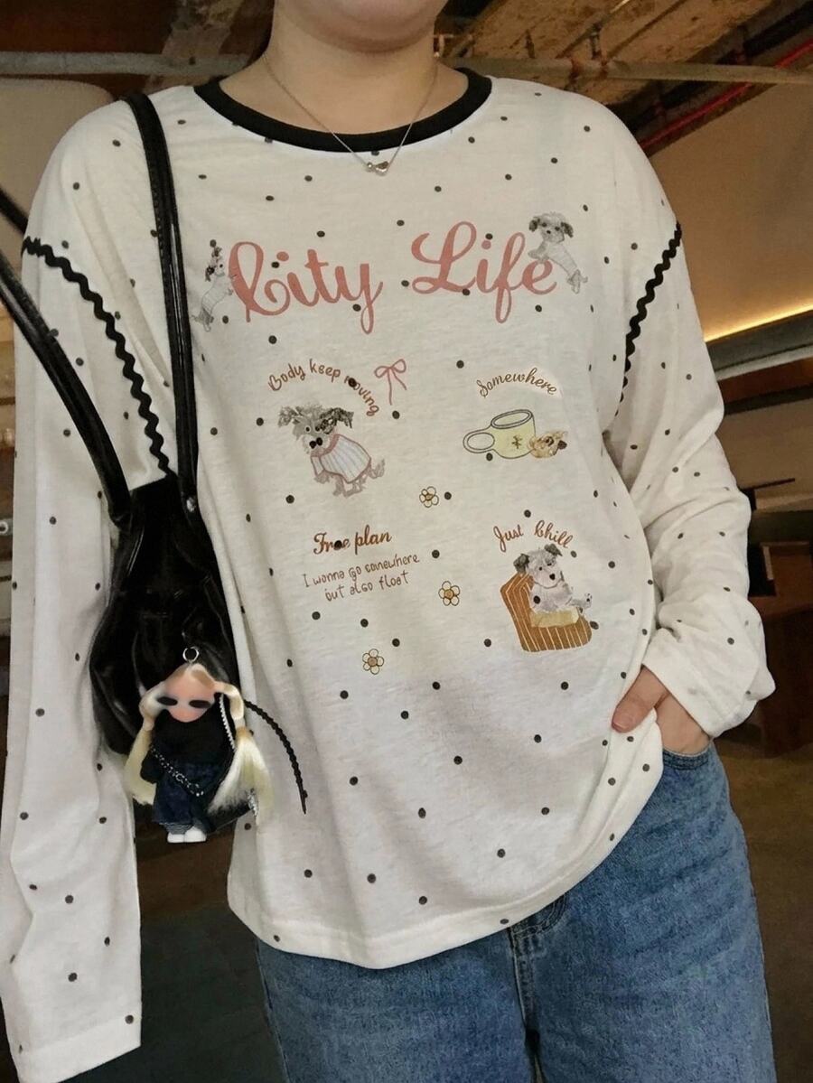 Dazy Plus Letter Print Cartoon Pattern Loose Fit Korean Style Long Sleeve White T-Shirt - White - View 1