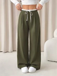 SHEIN PETITE Women's Color Block Casual Daily Wear Long Pants,Ladies Spring/Fall Casual Drawstring,Pocket Natural - Green - View 4