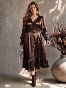 Ceyna Plus Size Women's V-Neck Lace Trim Satin Elegant Dress - Brown - View 3