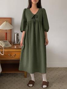 DAZY Solid Tie Front Smock Sleep Dress - Green - View 8