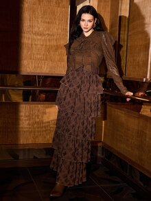 MOTF PREMIUM Gaun Panjang Kasual Pesta Wanita dengan Leher Ikat Renda - Coffee Brown - View 10