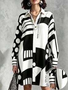 INAWLY Women's Loose Casual Long Sleeve Geometric Pattern Lapel Dress - Multicolor - View 1