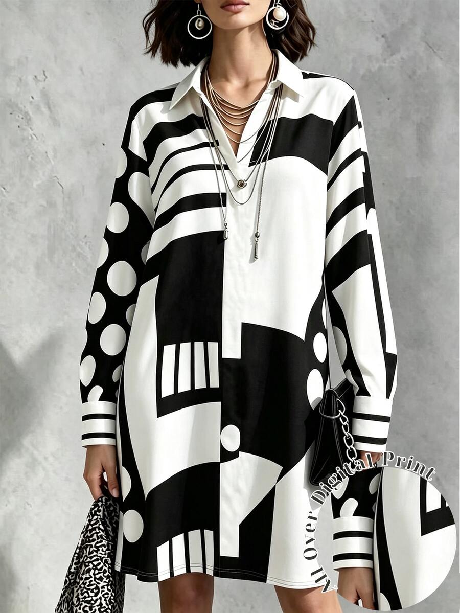 INAWLY Women's Loose Casual Long Sleeve Geometric Pattern Lapel Dress - Multicolor - View 1