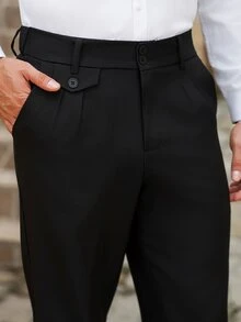 Manfinity Mode 男士商務休閒純色百褶錐形黑色西裝長褲，節日送禮首選 - 黑色 - 查看 4