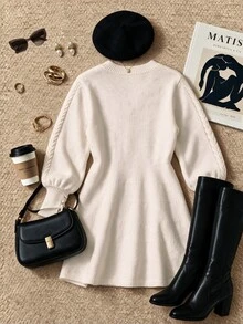 Maweii Plus Size Women Long Sleeve V-Neck Cinched Waist Knit Dress - Apricot - View 2