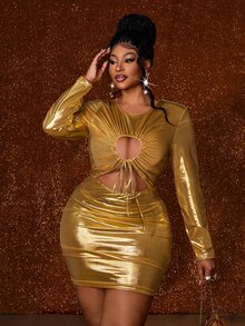 Maweii Plus Size Women Sexy Fashion New Party Short Bodycon Bodycon Dress Fall - Gold - View 2