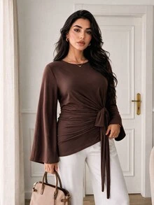 Solavon Plus Size Women Solid Color Casual Daily Long Sleeve T-Shirt - Brown - View 7