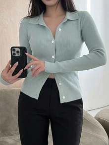 Dazy Plus Solid Color Slim Fit Polo Collar Long Sleeve Casual Streetwear Baggy Vacation Spring Autumn Knit Cardigan Office Sage Green - Baby Blue - View 7