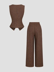 Sweetra Vintage Plaid Square Neck Vest & Wide Leg Pants Set, Retro Brown Small Check Pattern, Crisp Elegant Sleeveless Vest With Exquisite Metal Button Accents, Sophisticated Versatile Outfit For Daily Commute, Date And Outing - Mocha Brown - View 2