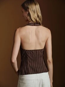 Anewsta Essential Tank Top Wanita Baru Motif Garis dengan Kerah Halter dan V-Neck Silang Fashion Modern - Mocha Brown - View 2