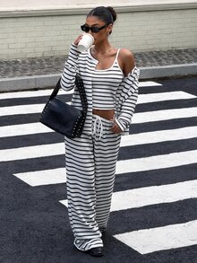 Muchica 女款休閒街頭風黑白條紋針織新中式上衣、條紋夾克與長褲兩件套，適合夏季早午餐與旅行 - 黑與白 - 查看 7