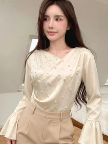 Tideelle Spring/Autumn New Elegant Commute V-Neck Solid Color Pearl Flare Long Sleeve Blouse, Suitable For Dating, Commuting, Gathering Outfits - Beige - View 1