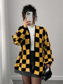 Elenzga 秋冬時尚休閒配色拼接棋盤格女款長袖寬鬆顯瘦大尺碼針織外套，外穿，萬聖節 - 黃色 - 查看 4