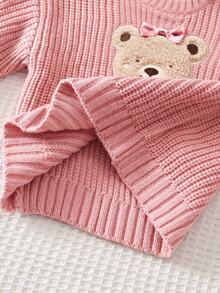 SHEIN Cute Pink Cartoon Bear Pattern Long Sleeve Autumn/Winter Sweater For Baby Girls - Dusty Pink - View 6