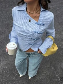 Siren Gaze Autumn/Winter New Pure Cotton Blue & White Striped New Chinese Style Frog Button Shirt For Women - Blue and White - View 7