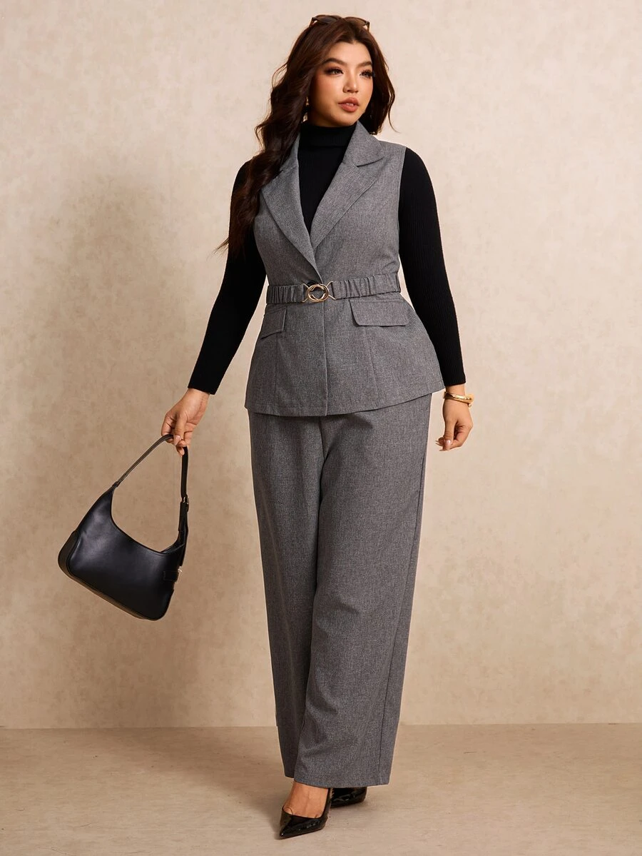 Elaquor Plus Size Women's Lapel Sleeveless Vest And Long Pants Suit 2 Pieces Set - Grey - View 1