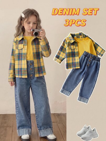 3pcs Set New Stylish Girls Toddler Outfit Yellow Plaid Shirt Cardigan & Knitted Round Neck Long Sleeve T-Shirt & Washed Denim Pants,Autumn/Winter