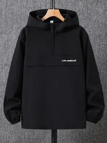 SHEIN 青少年男孩休閒黑色連帽開襟外套，小字母印花設計，適合秋冬返校季穿著 - 黑色 - 查看 5