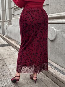 SHEIN EZwear 大尺碼女款酒紅色花卉印花優雅長裙 秋季 - 酒紅色 - 查看 2