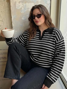 Livesso Fun Commuter Colorblock Patchwork Polo Collar Casual Short Sleeve Plus Size Women Spring Summer Knit Top - Black and White - View 4