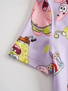 SpongeBob SquarePants | SHEIN Tween Girls Allover Print Cartoon Round Neck Short Sleeve & Shorts Loungewear Set - Purple - View 4