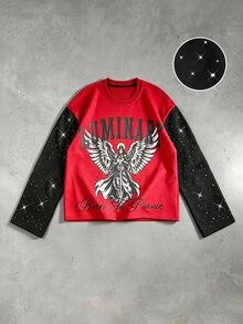 ROMWE MEN Men's Autumn/Winter Printed Patchwork Rhinestone T-Shirt - Red - View 1
