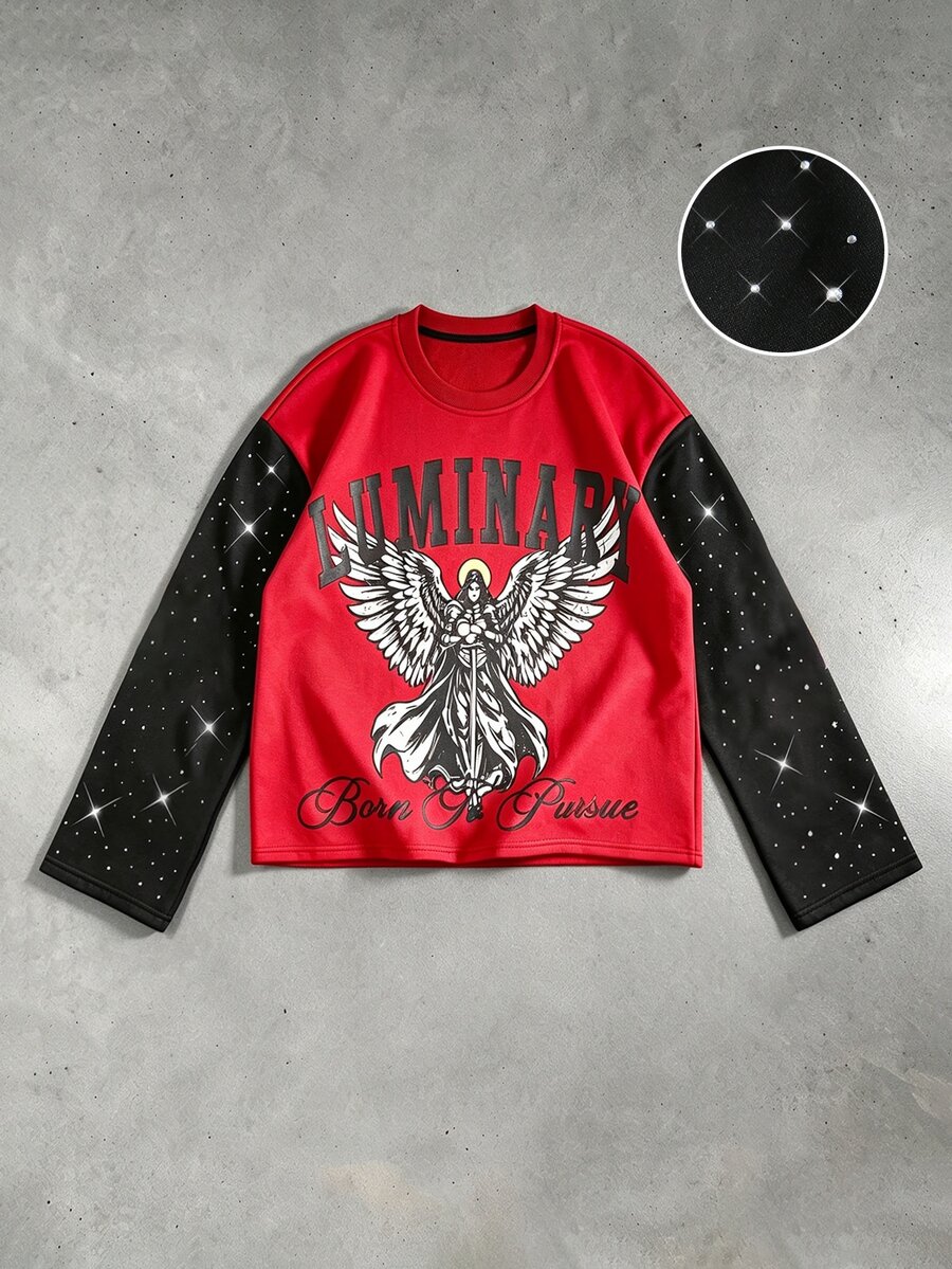 ROMWE MEN Men's Autumn/Winter Printed Patchwork Rhinestone T-Shirt - Red - View 1