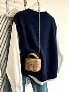 Resyla Women's Diamond Lattice Casual Versatile Daily Wear Knitted Vest - Navy Blue - View 2