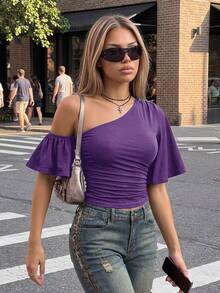 SHEIN ICON 女款性感不對稱單肩抓皺收腰上衣，適合約會穿著 - 紫色 - 查看 6