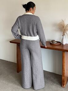 Dazy Plus Setelan Rajut Kasual dengan Sweater Pullover Pendek dan Celana Panjang Pas Badan Motif Patchwork Warna Kontras, Gaya Baru Musim Gugur/Dingin - Grey - View 2