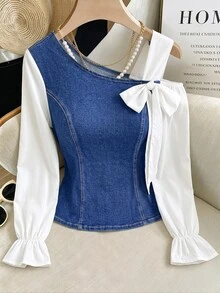 GlowEve CURVE Plus Size Women's Colorblock Casual Daily Denim Top - Blue - View 3
