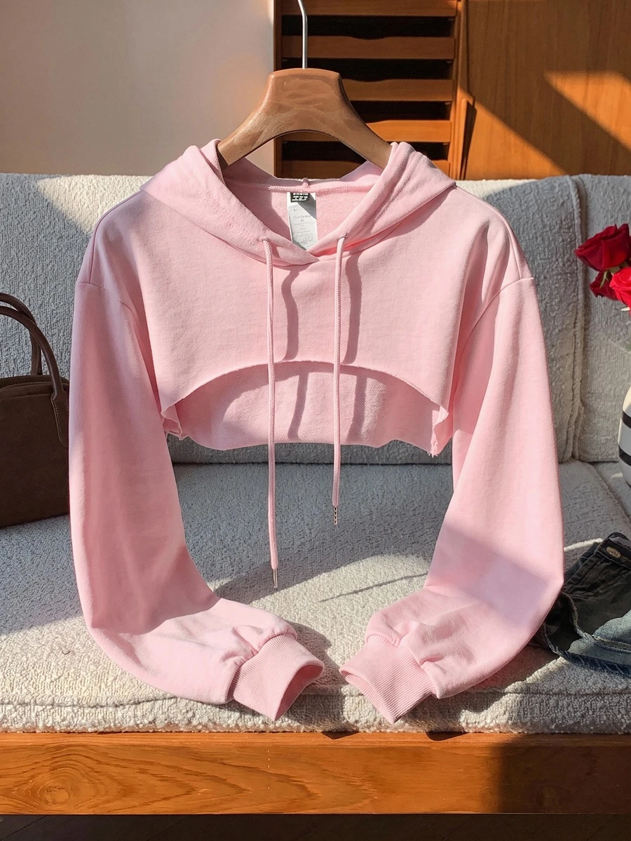 SHEIN EZwear 抽繩設計超短版連帽衛衣-黑白配色,秋冬長袖上衣 - 粉色 - 查看 1