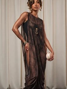 NYA SZN Swim Cover Up Dress Maxi Cowl Draped Beach Club Night Out Poolside Brunch Warm Weather Work Wear Casual Sexy Outfits For Women All Gold Summer - Brown - View 5