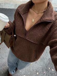 DAZY Brown Semi-High Neck Solid Color Loose Drop Shoulder Long Sleeve Casual Versatile Street Style Pullover Sweatshirt - Brown - View 1