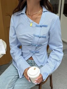 Siren Gaze Autumn/Winter New Pure Cotton Blue & White Striped New Chinese Style Frog Button Shirt For Women - Blue and White - View 6