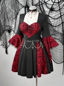 Whyspr Plus Size Black & Red Heart Lace Twist Knot Flare Sleeve A-Line Short Dress, Gothic Contrast Patchwork Waist-Cinched Slimming Dress - Black - View 4