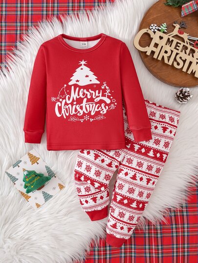 SHEIN Baby Girl Round Neck Long Sleeve Christmas Pattern Top And Pants 2 Pieces Loungewear Set