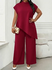 SHEIN Lady 大尺碼女款純色休閒日常穿著上衣 - 酒紅色 - 查看 5