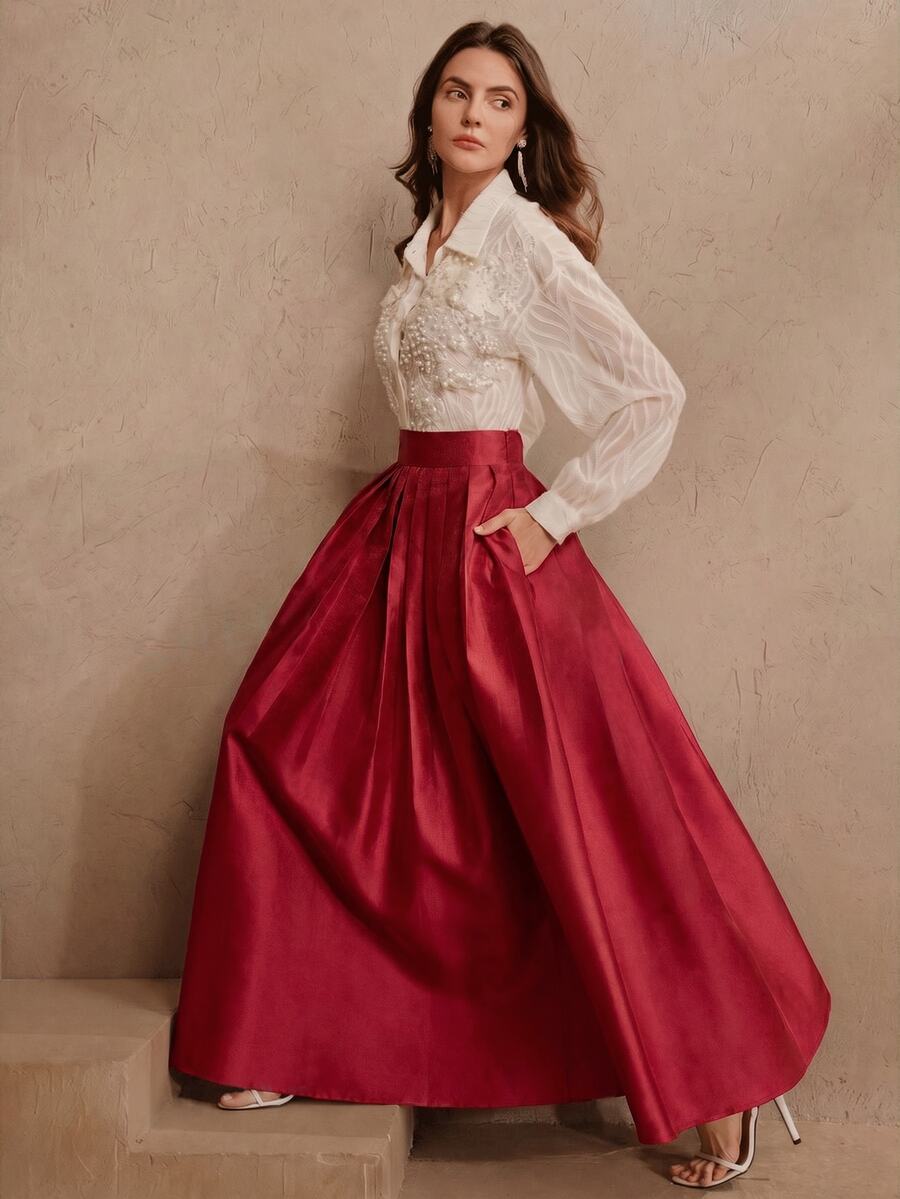 Anewsta Essential Women's Solid Color High Waist Pocket Elegant Court Style Skirt - Red - View 1