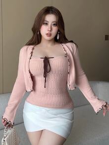 REIGN AVE Wrap Tie Design Sexy Tank Top Short Cardigan Spring Autumn New Pink Sweater Set - Baby Pink - View 7