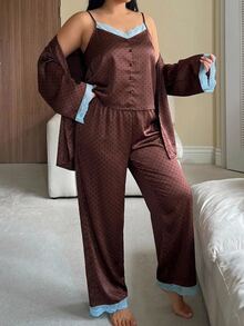 Dazy Plus 3pcs Colorblock Polka Dot Long Pants Loungewear Set, Spring Summer Autumn Pajamas - Brown - View 2