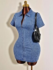 Slaydiva Plus Size Women's Collared Short Sleeve Zipper Denim Mini Dress - Blue - View 9