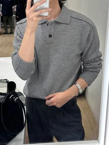 DAZY 秋冬男士 Polo 領半鈕扣開襟針織衫，露縫線設計，麻灰色 - 灰色 - 查看 5