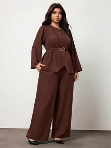 Enliva Plus Size Women's Two Pieces Pants Set Long Sleeve Belted Top Wide Leg Pants Elegant Outfit Flattering Compatible With Apple Shape Fall - Brown - View 3