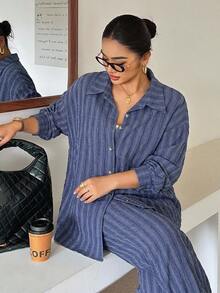 Dazy Plus Western Style Beach Vacation Solid Color Denim Effect Linen Material Loose Minimalist Spring Autumn Plus Size Women Two Pieces Set - Royal Blue - View 4