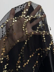 Elaquor Plus Size Women's Patchwork Sequin Mesh Round Neck Long Sleeve Fitted Elegant Dress - Black - View 7