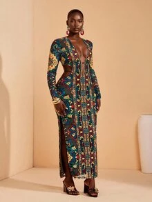 JIAN LASALA All-Over Print Mesh Deep V Side Cutouts Long Sleeve Women Boho Plus Size Dress Vacation Holiday Fall - Multicolor - View 3